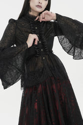 Chemise Gothique Femme à Manches Évasées et Col Rond en Dentelle Noire